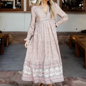 Anthropologie Pink Floral Long Sleeve Dress